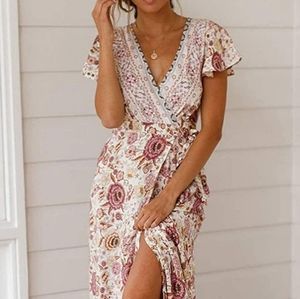 ZESICA Women's Bohemian Floral Printed Wrap V Neck Short Sleeve Split Beach Part